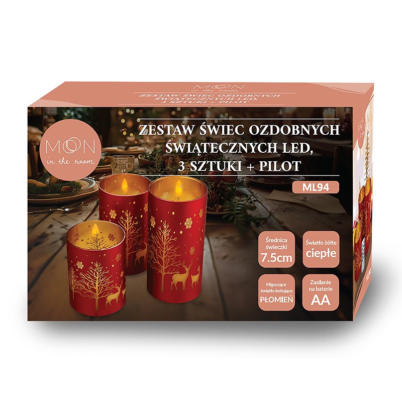Decorational LED Candle set 3 pcs. christmas red and gold + remote - Billede 2