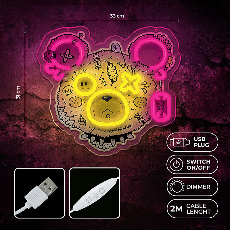 Neon ART LED PUNK TEDDY BEAR pink-yellow FLA01 Forever Light - Billede 4