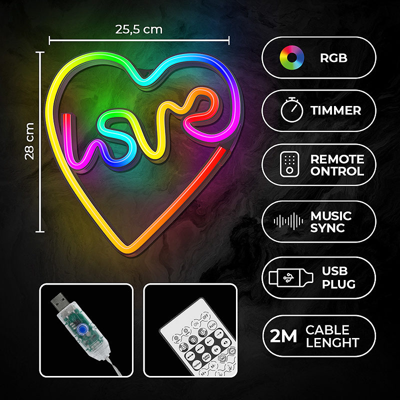 Neon LED RGB LOVE IN HEART FLRN02 + RC Forever Light - Billede 5