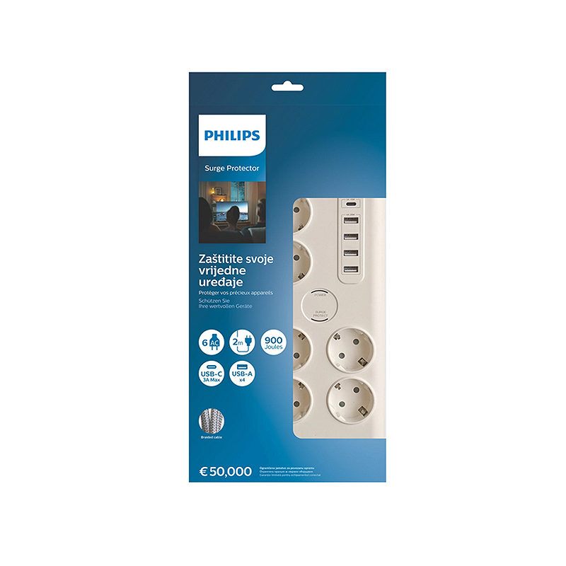 Anti-surge power strip PHILIPS extension cord 6 Schuko sockets + 6xUSB-A + 1xUSB-C 2m 16A white - Billede 2