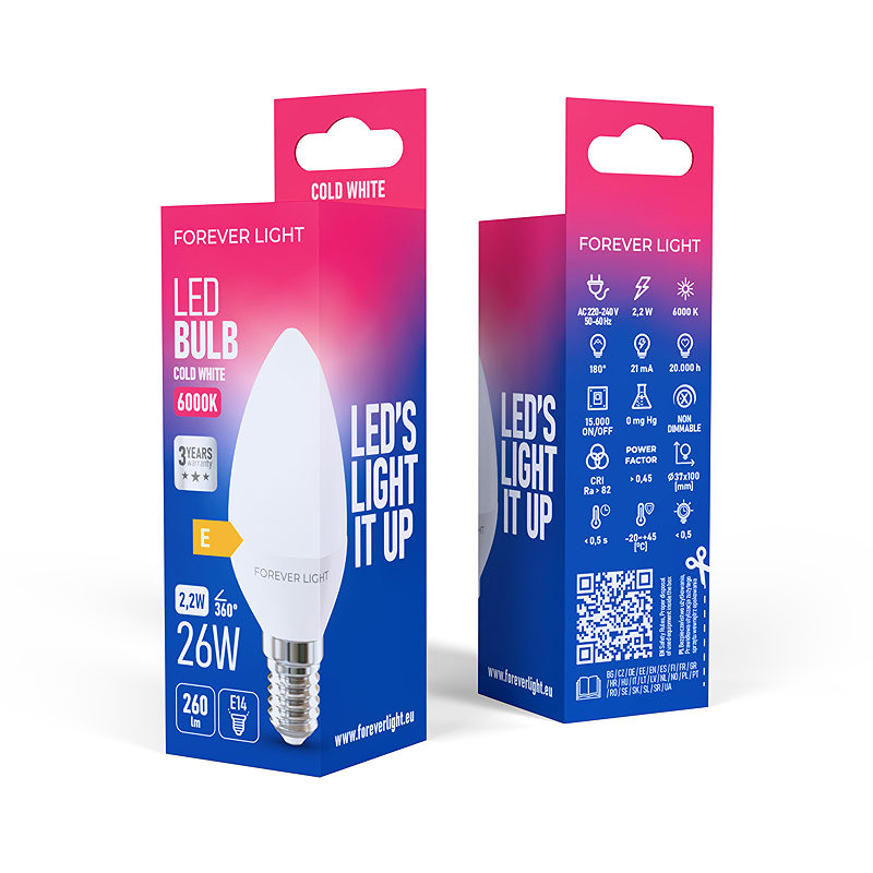 Forever Light LED Bulb E14 C37 2.2W 260lm 6000K class E - Billede 3
