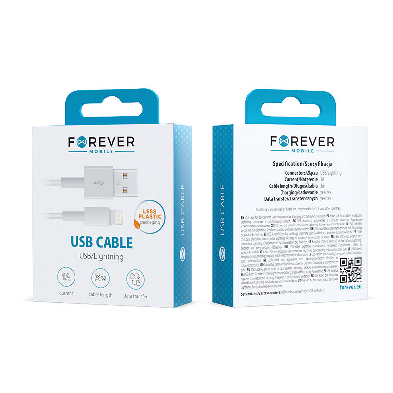 Forever cable USB - Lightning 3,0 m 1A white - Billede 2