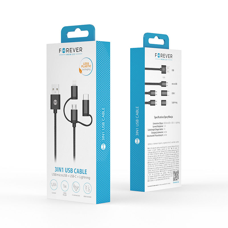 Forever 3in1 cable USB - Lightning + USB-C + microUSB 1,0 m 1,5A black - Billede 2