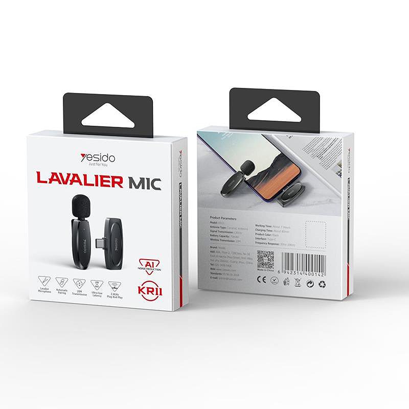 YESIDO MICROPHONE MEMS WITH CLIP KR11 TYPE-C, WIRELESS 2,4GHz, BLACK - Billede 2