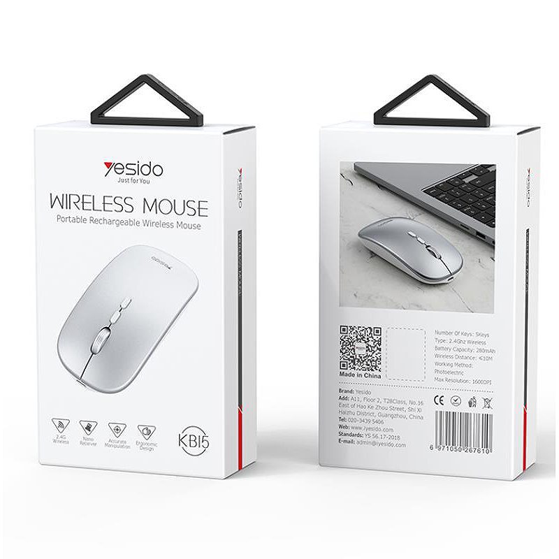 YESIDO WIRELSS MOUSE KB15 280mAh 2,4GHz SILVER - Billede 2