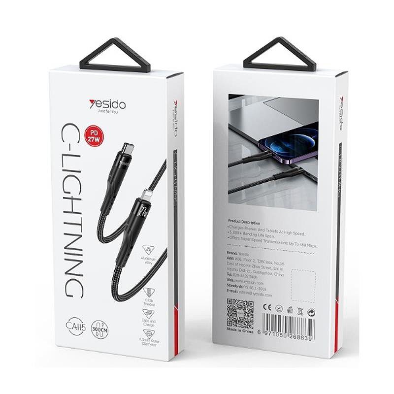 YESIDO CABLE CA115PD 27W TYPE-C/LIGHTNING 3M 1,67A BLACK - Billede 2