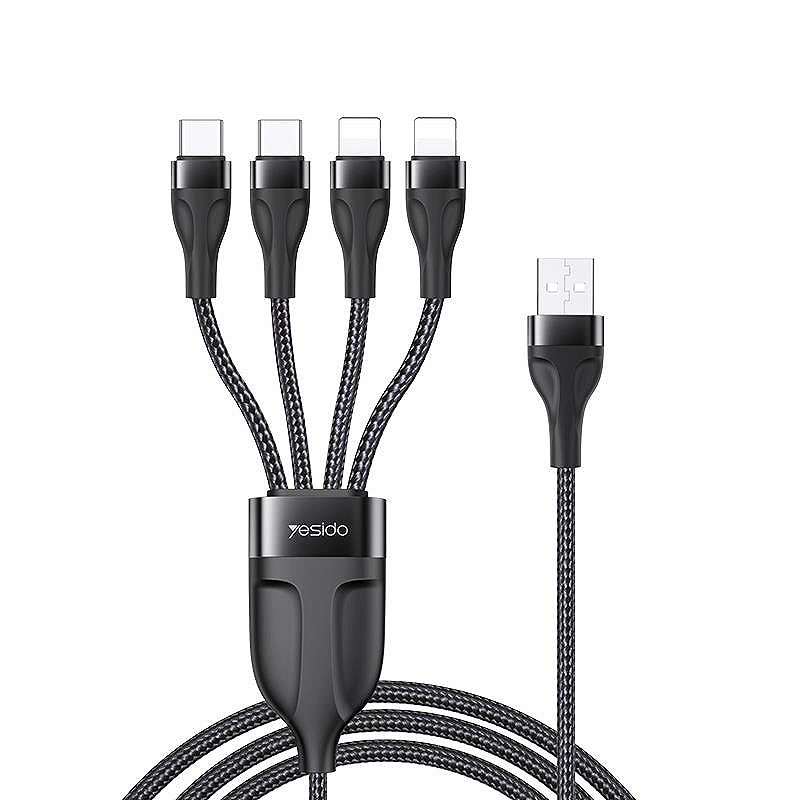 YESIDO CABLE CA111 USB-4IN1 (2xTYPE-C+2xLIGHTNING) 1,2M 4A, BLACK