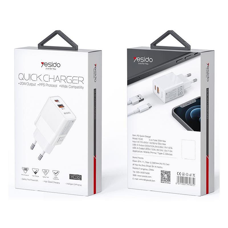 YESIDO WALL CHARGER YC32 PD 20W QC3.0 USB-A+C WHITE