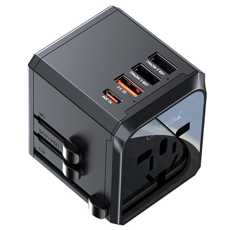 YESIDO MC24UNIOVERSAL ADAPTER UK/EU/US/AUX MAX 8A (3xUSB + USB-C) BLACK