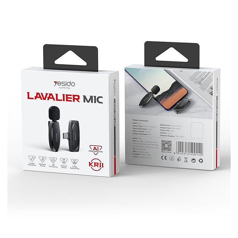 YESIDO KR14 MICROPHONE MEMS 2PCS WITH CLIP LIGHTNING WIRELESS 2,4GHz BLACK - Billede 2