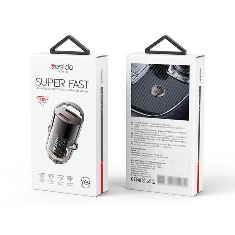 YESIDO CAR CHARGER Y69 PD 30W 2XUSB-C BLACK - Billede 2