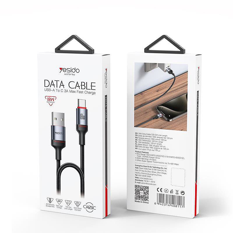 YESIDO CABLE CA129C 18W USB/TYPE-C 1,2M 2A BLACK - Billede 2