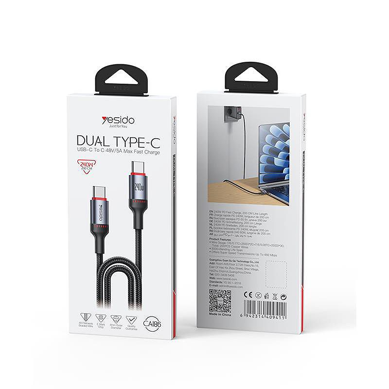 YESIDO CABLE CA186 240W TYPE-C/TYPE-C 2M 5A BLACK - Billede 2