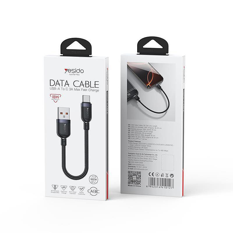 YESIDO CABLE CA131C 18W USB/TYPE-C 0,3M 2.4A BLACK - Billede 2