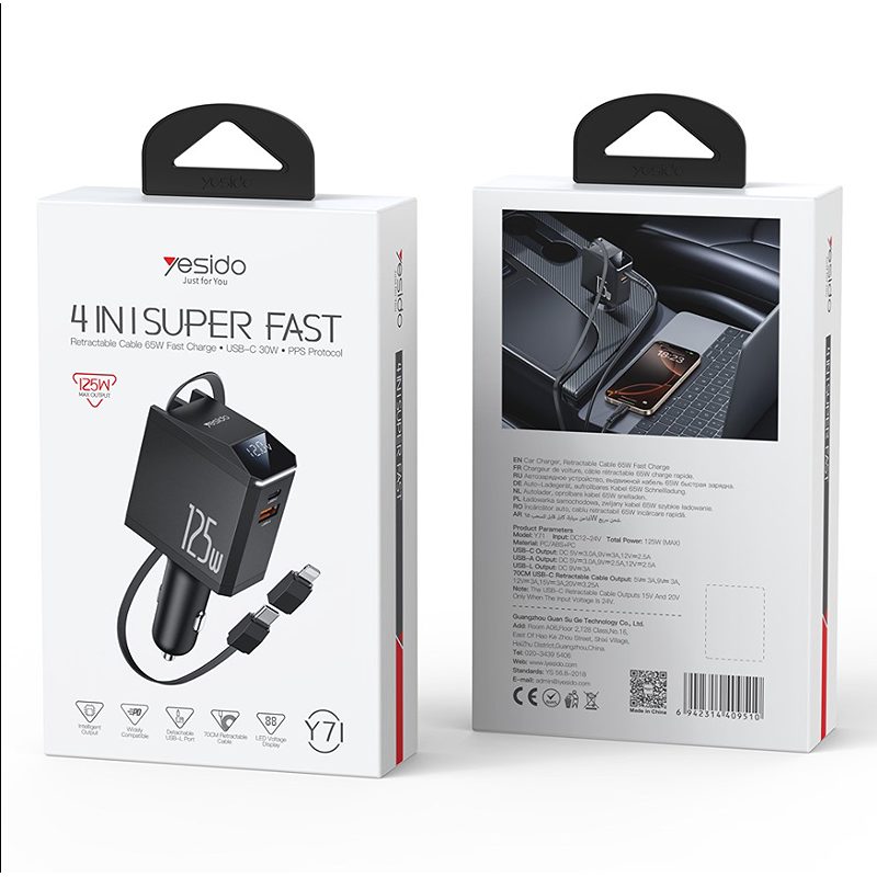 YESIDO CAR CHARGER Y71 125W FAST CHARGING 4in1 LED + C+iP CABLE 65W BLACK